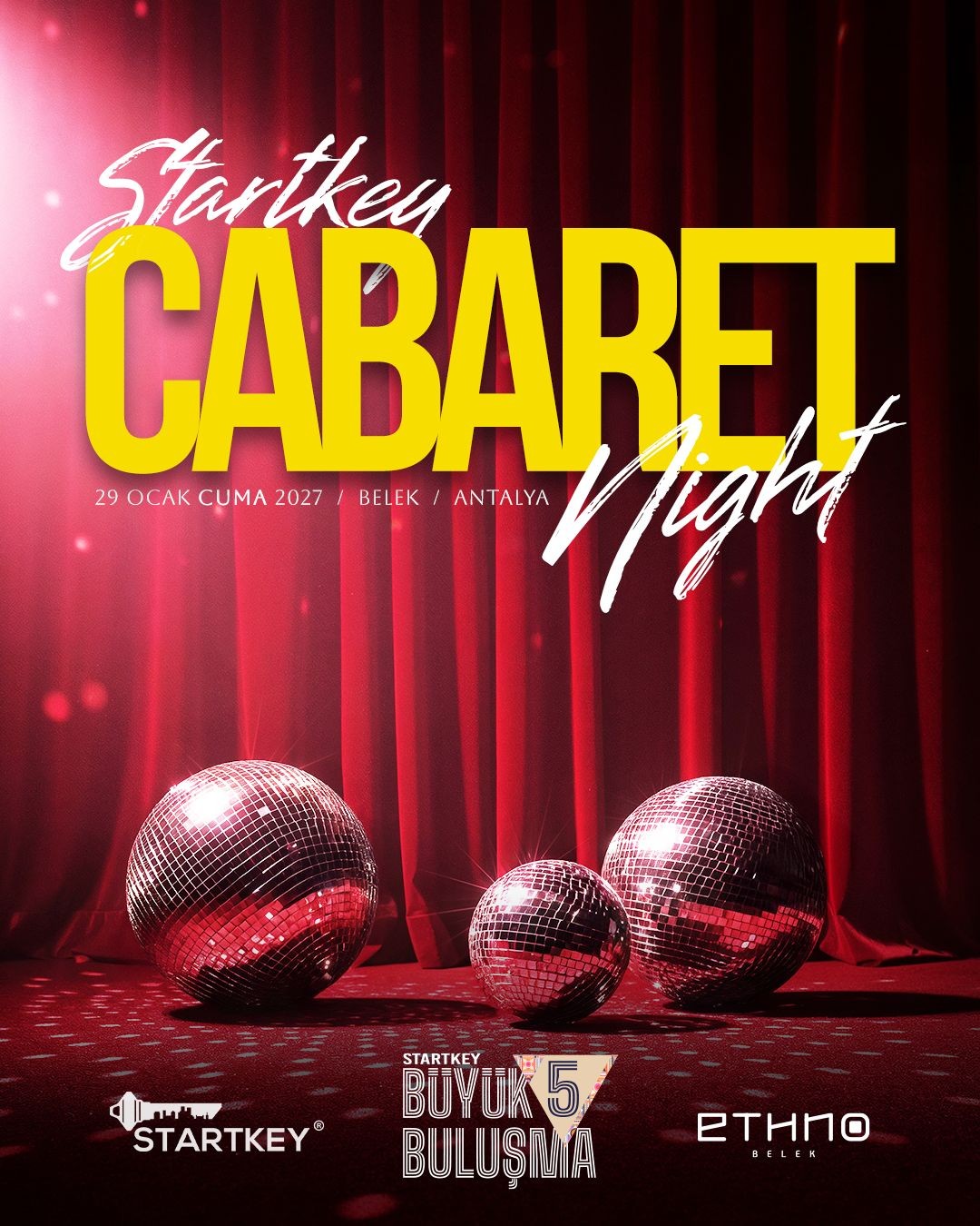 Startkey Cabaret Night afişi: kırmızı sahne perdesi ve disko topları
