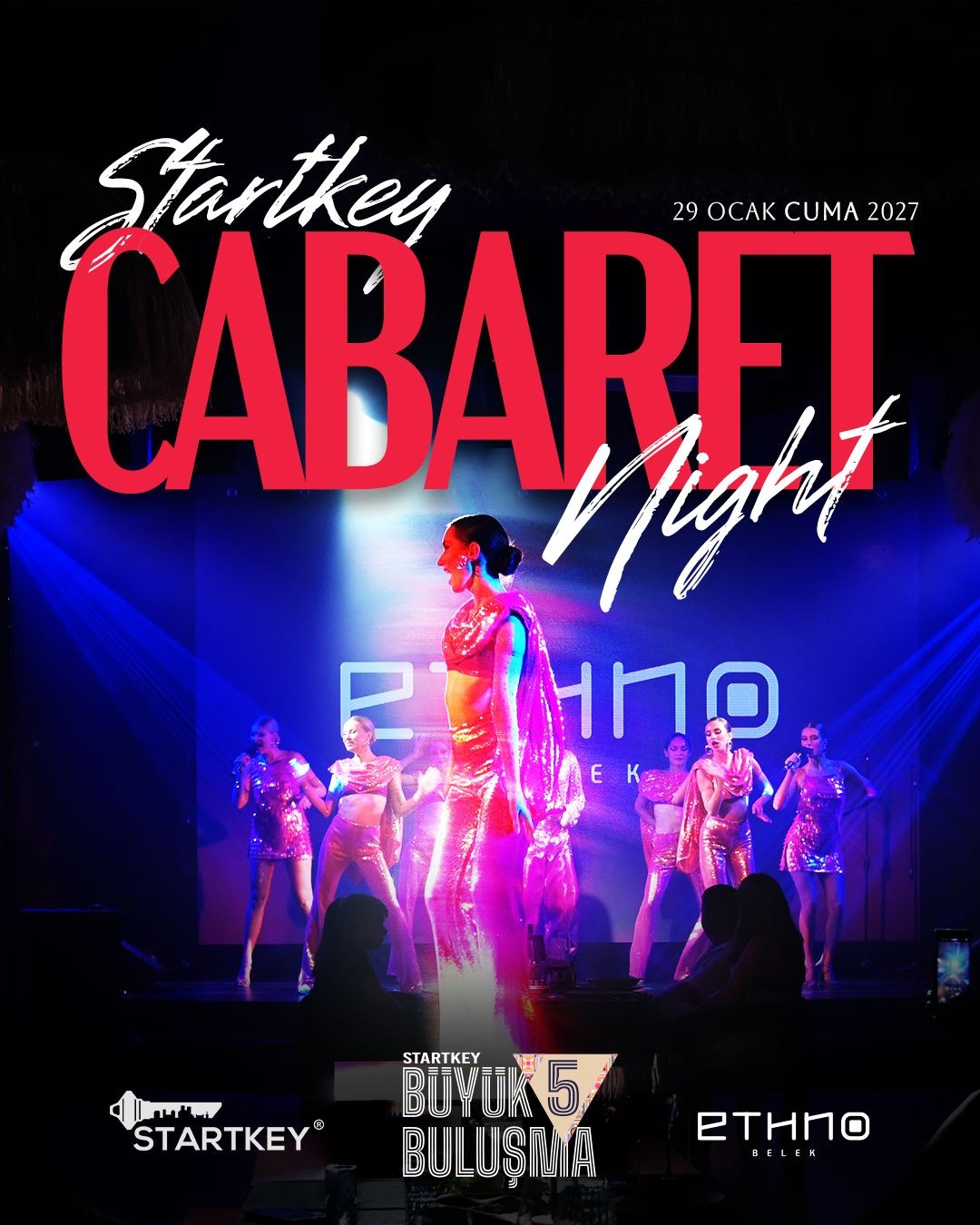 Startkey Cabaret Night afişi: sahnede dans eden kabare topluluğu